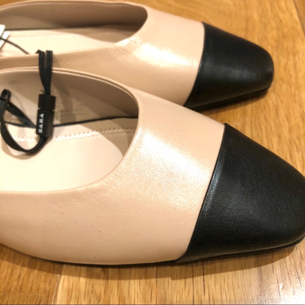 NWT ZARA Leather Mules Beige Black - Picture 7 of 9